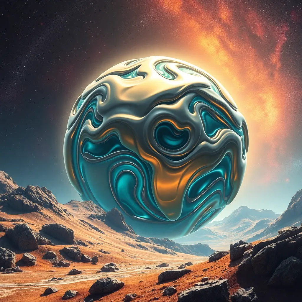 An abstract sphere with blue and green patterns sits on a rocky alien planet with a fiery sky.