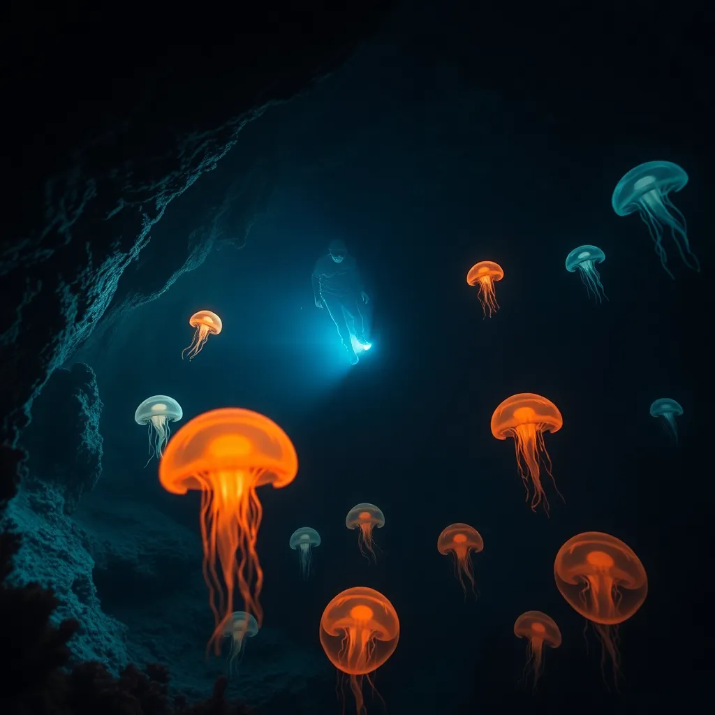 Several jellyfish with glowing orange and blue lights float in a dark ocean with bubbles.