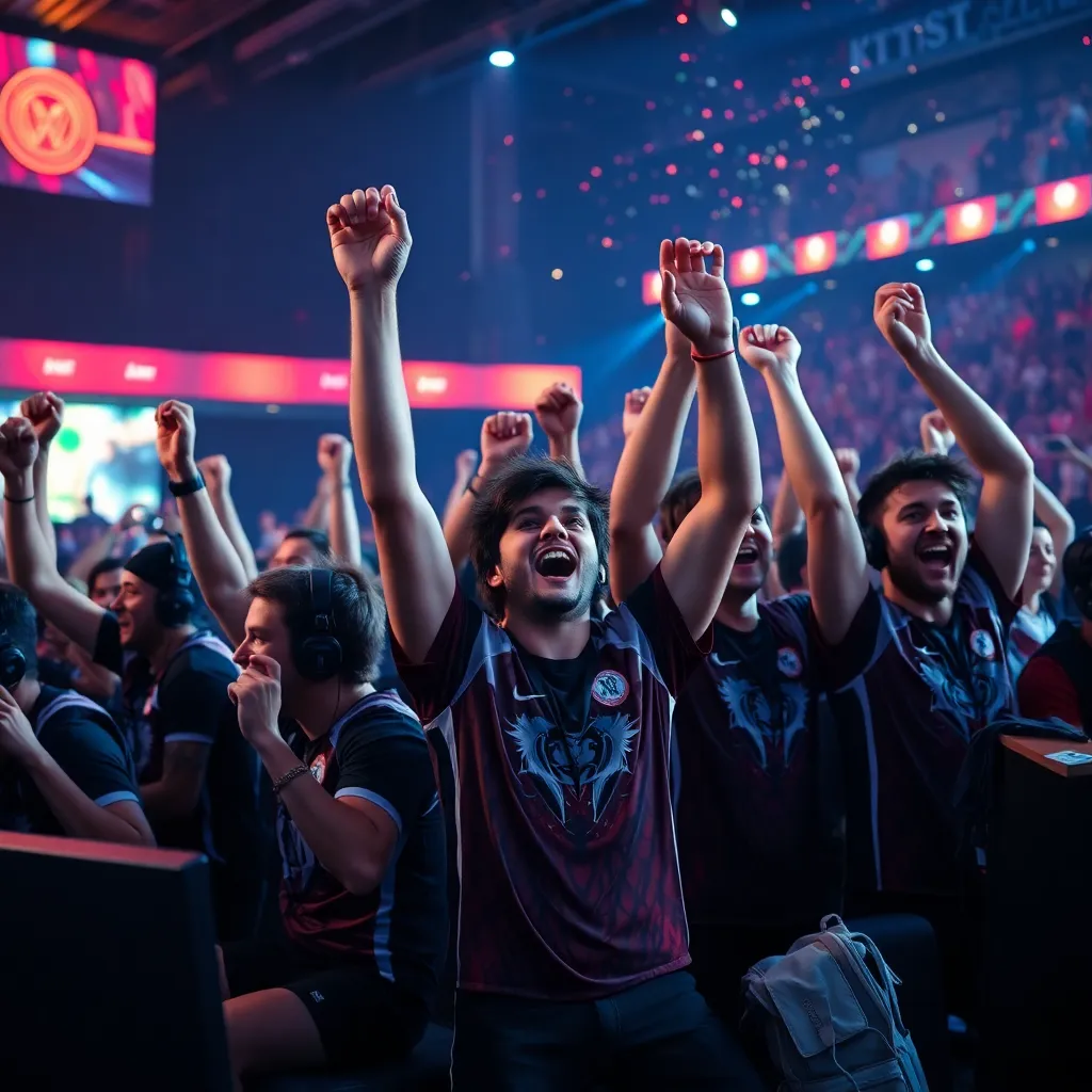 A large crowd of people with raised arms cheer at a sports event, with bright lights and a stage in the background.