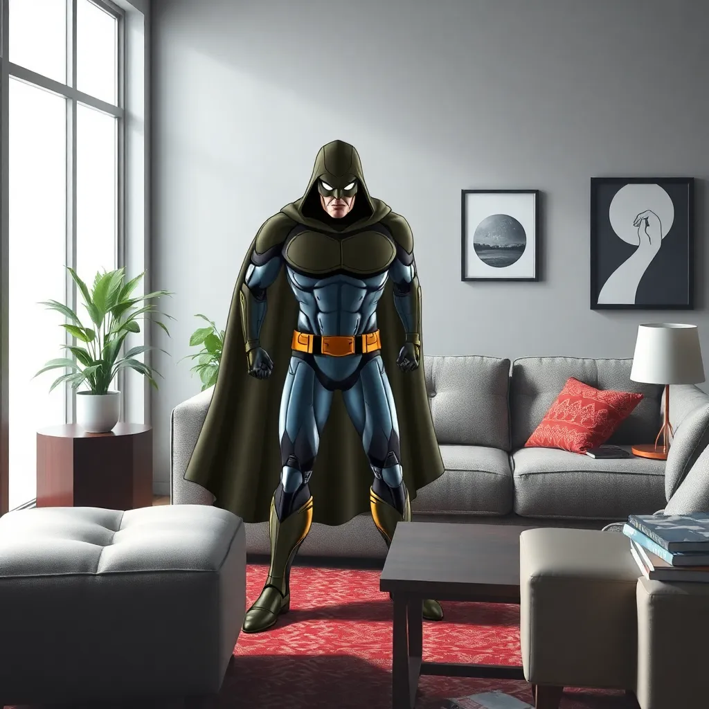 A superhero in a black suit, standing in a living room.