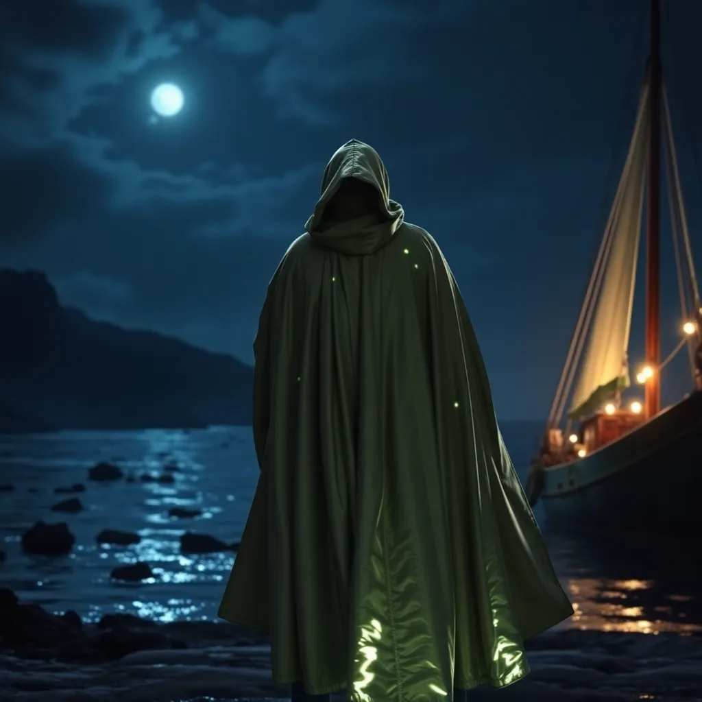 A hooded figure standing on a cliff, overlooking a dark, stormy sea.