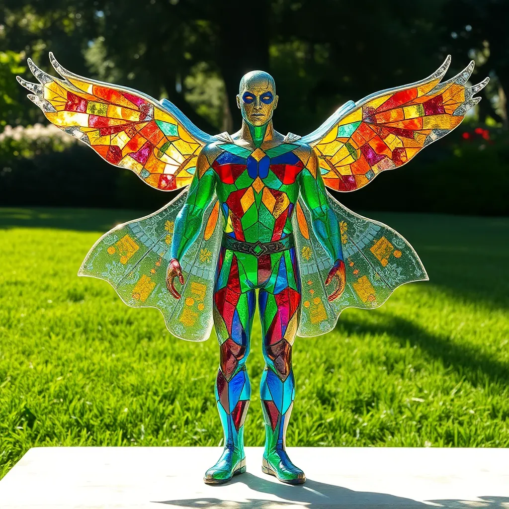 A person with colorful wings standing in a garden.