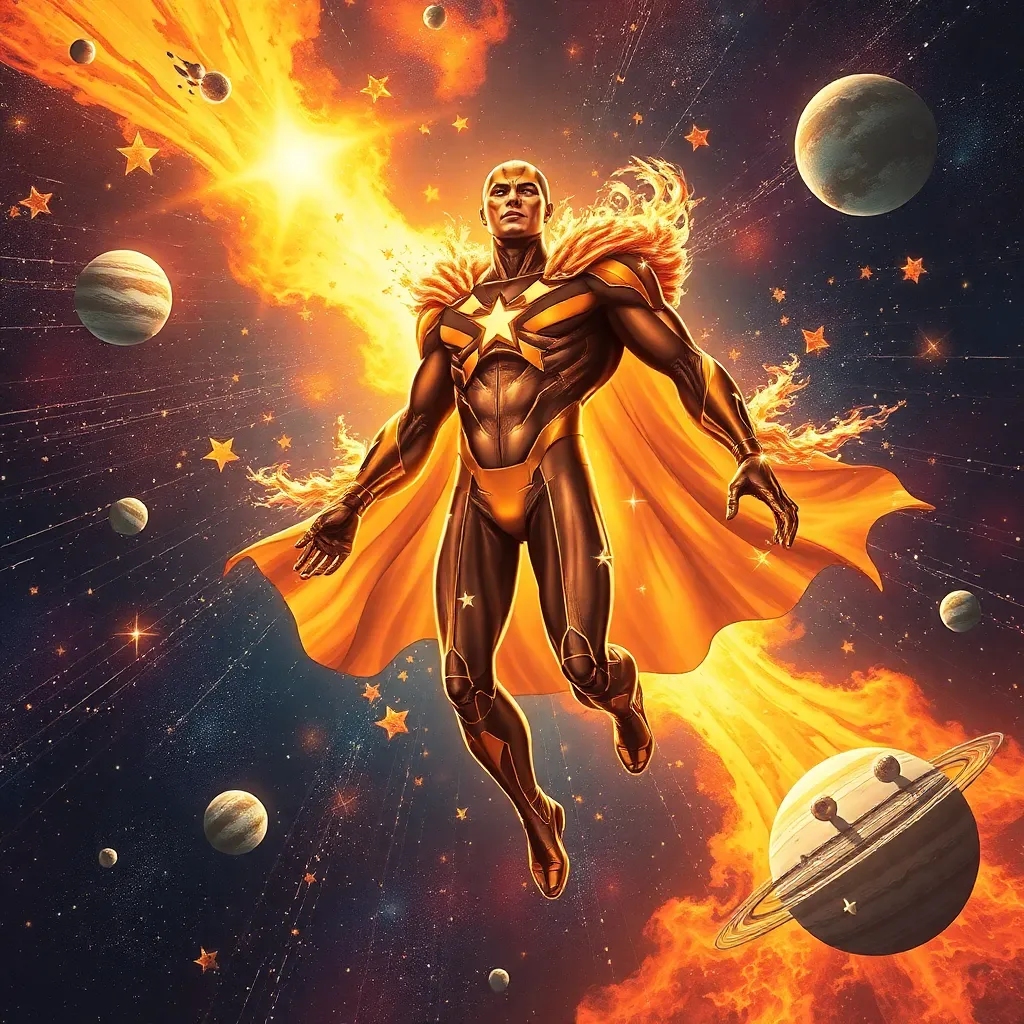 A person with fiery powers standing in a cosmic landscape.