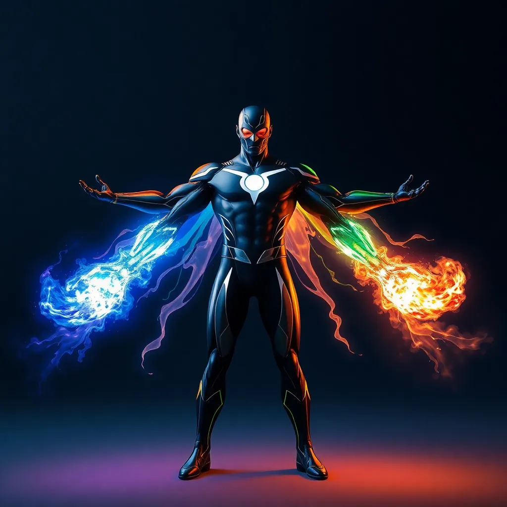 A superhero with glowing blue and red energy emanating from their hands, standing in a powerful pose.