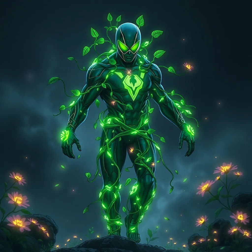 A superhero with a glowing green energy form, standing tall with their arms outstretched.