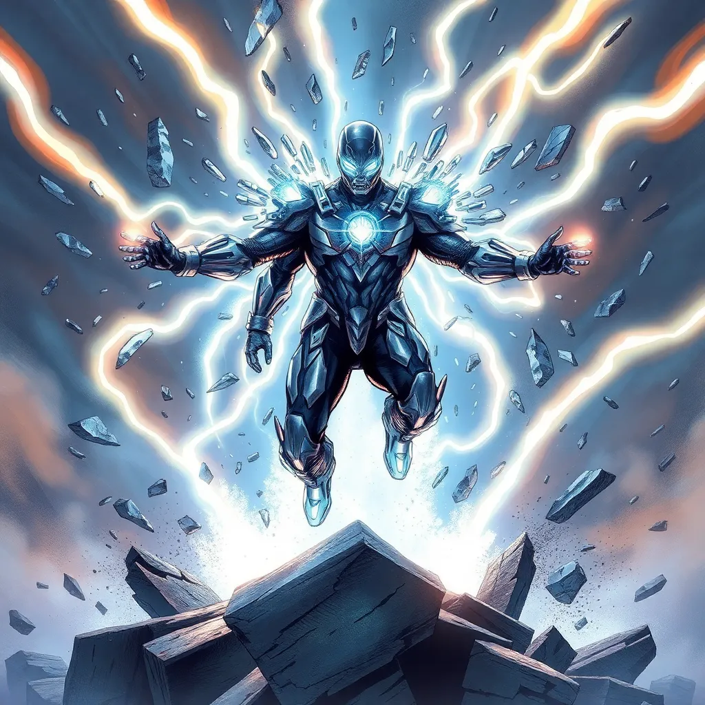 A superhero with glowing white energy surging around them, standing on a rocky outcrop.