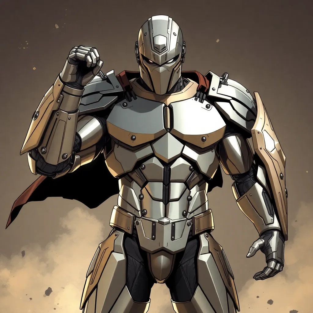 A superhero wearing a metallic armor, standing with their fist clenched.