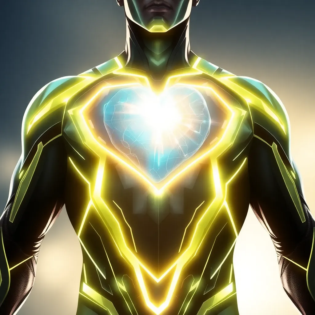 A superhero with glowing yellow energy emanating from their chest, standing in a heroic pose.