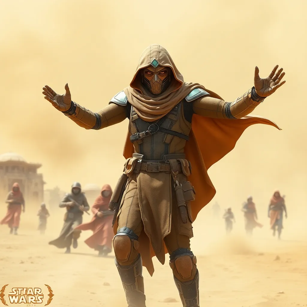 A man in a hooded cloak, standing in a desert.