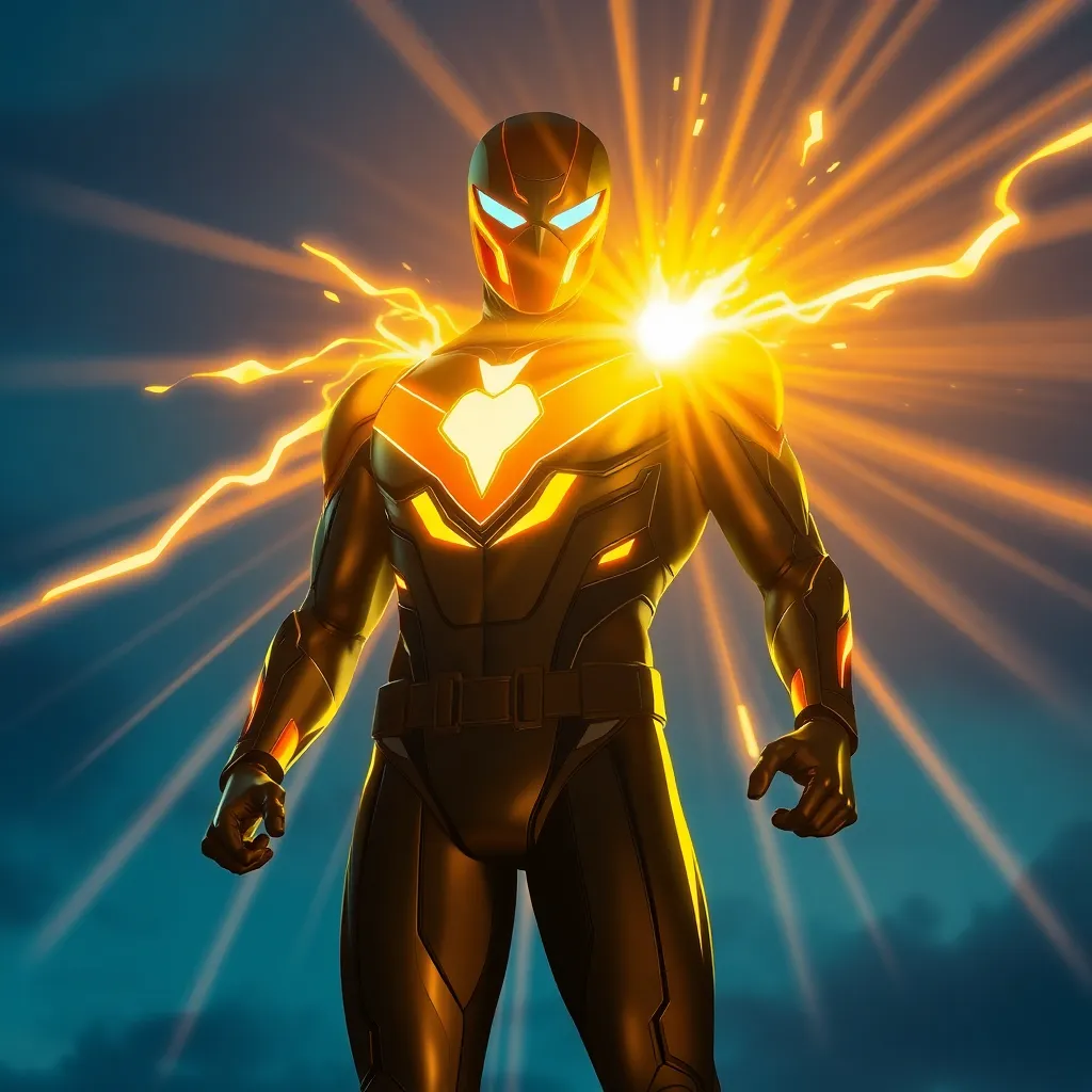 A superhero with glowing orange energy emanating from their chest, standing with their hands raised.