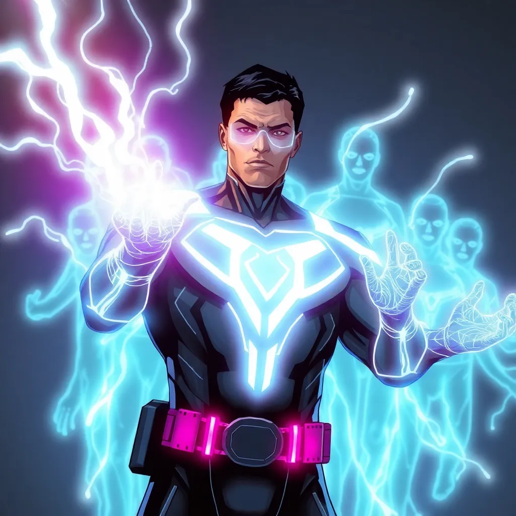 A superhero with glowing blue and pink energy emanating from their hands, standing in a powerful pose.