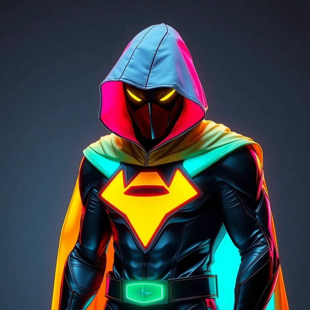 A superhero wearing a hooded cloak, with glowing green and yellow energy emanating from their chest.