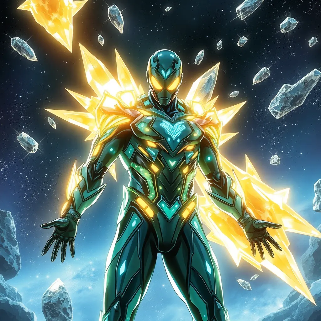 A superhero with glowing yellow energy emanating from their body, standing with their arms outstretched.