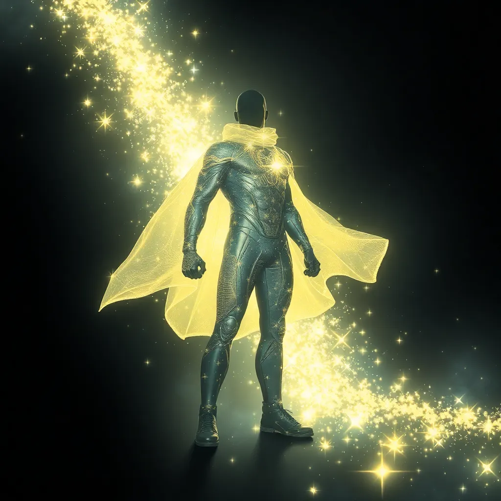 A superhero with glowing golden energy surrounding them, standing in a heroic pose.