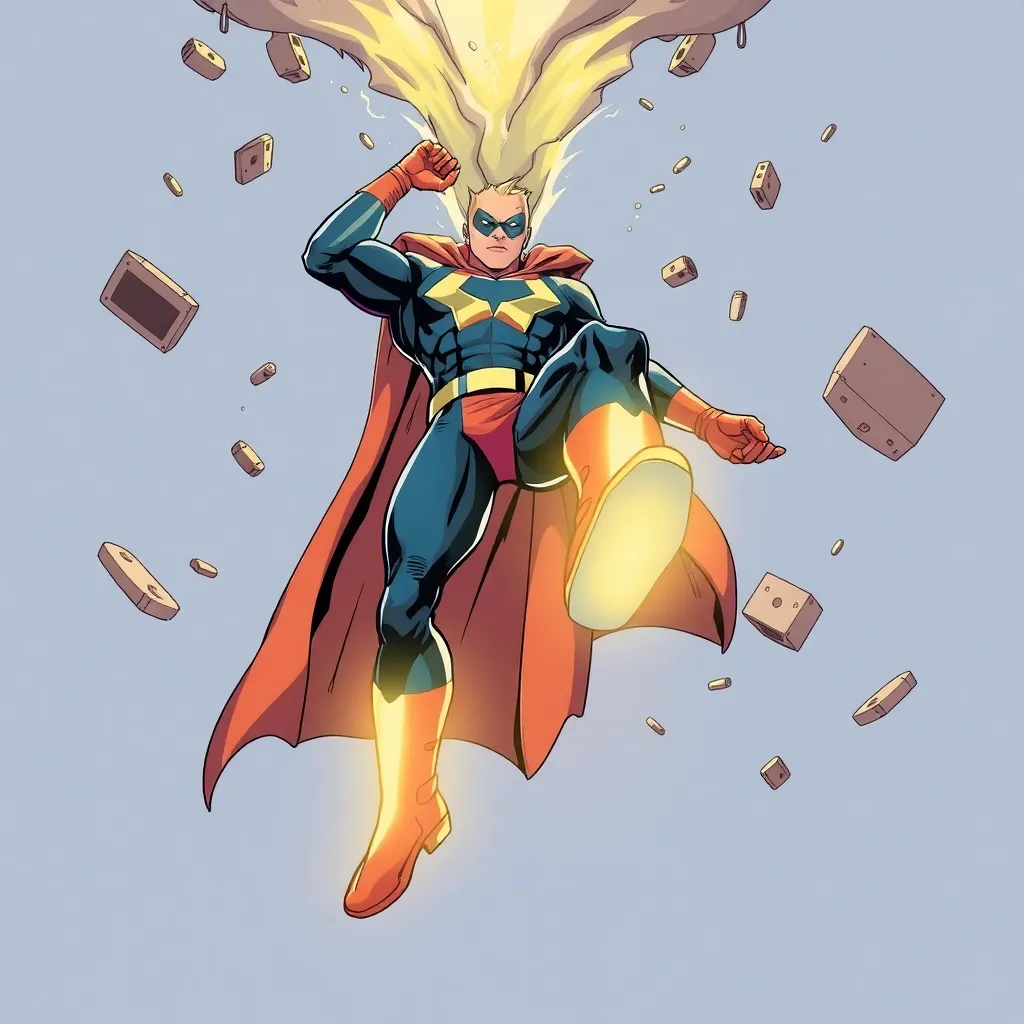 A superhero flying through the air, with debris and rubble swirling around them.