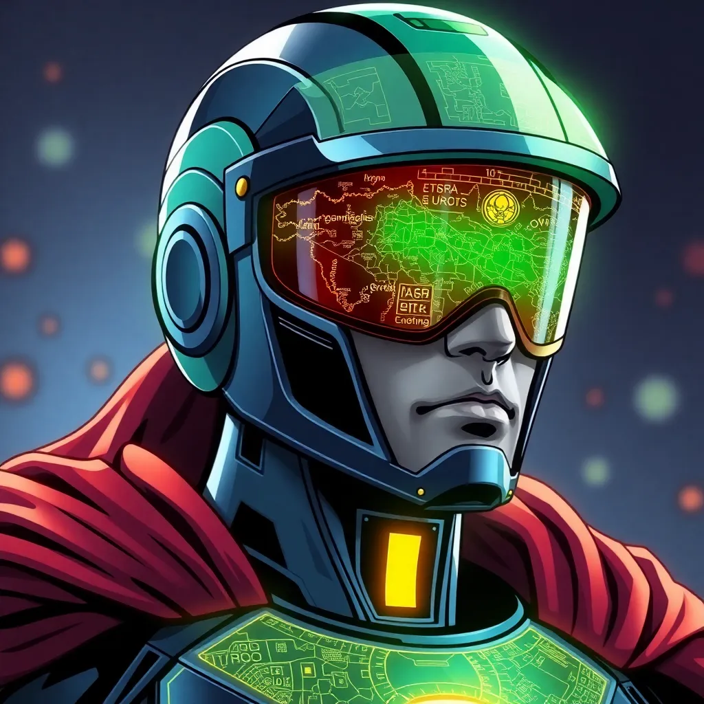 A superhero with a futuristic helmet and glowing green eyes, standing with their arms crossed.