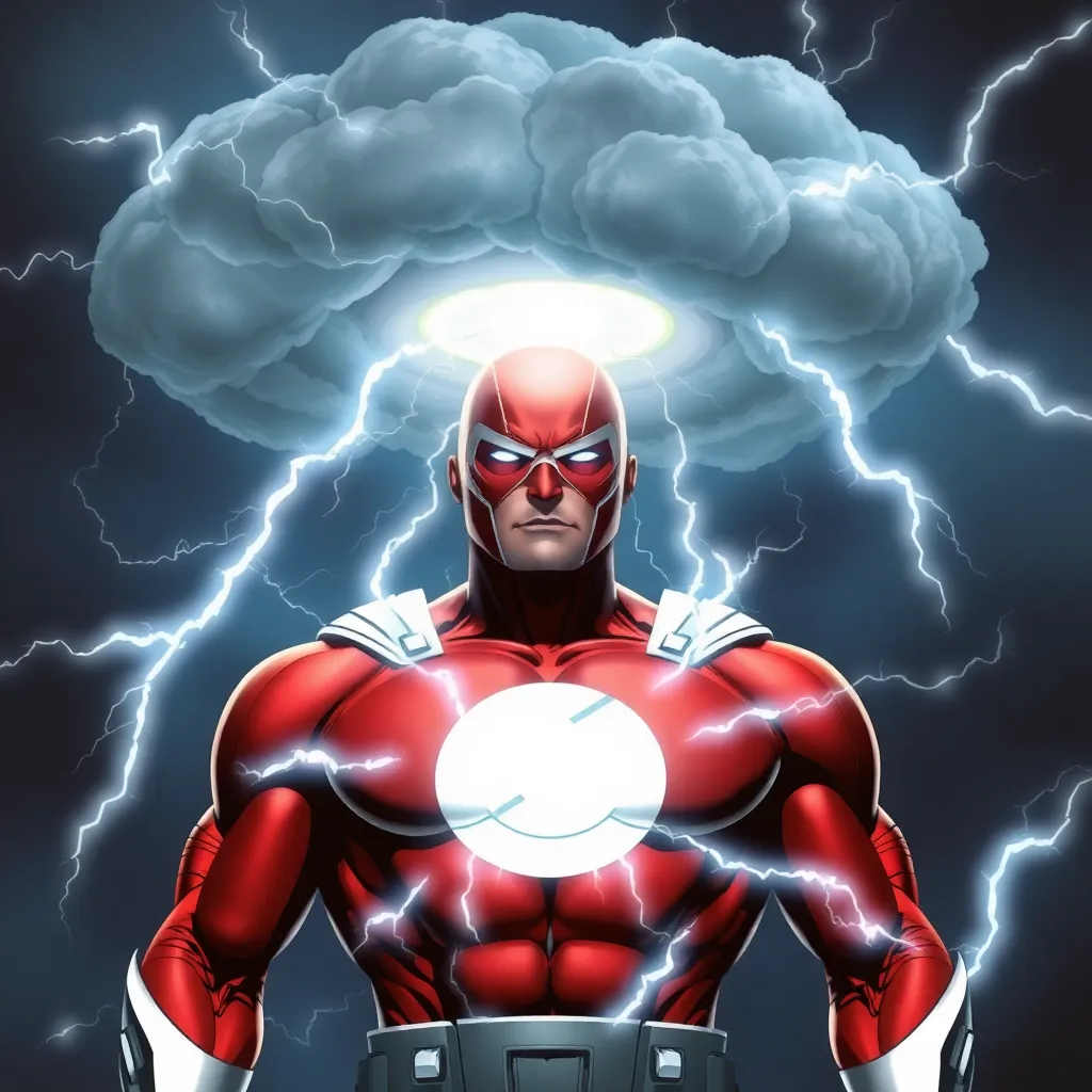 A superhero standing in a storm, with lightning striking around them.