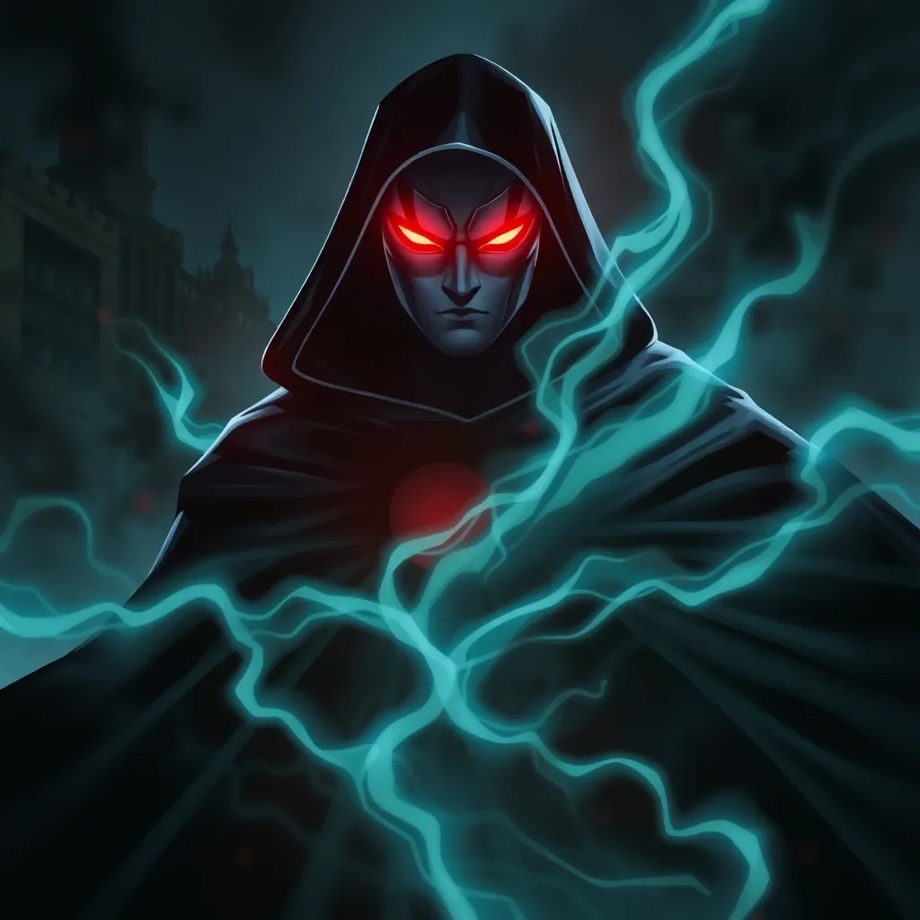 A dark figure with glowing red eyes, surrounded by swirling energy.