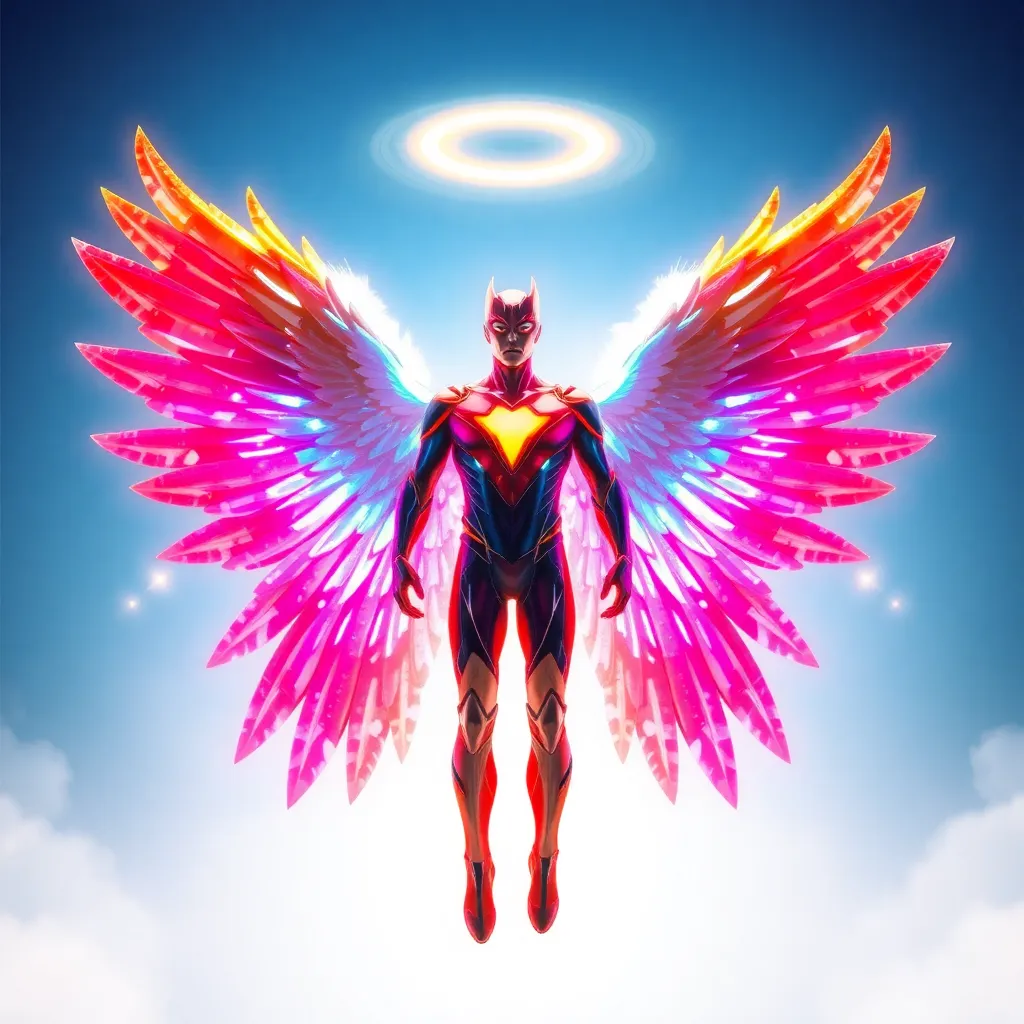 A superhero with glowing pink wings, standing in a halo of light.