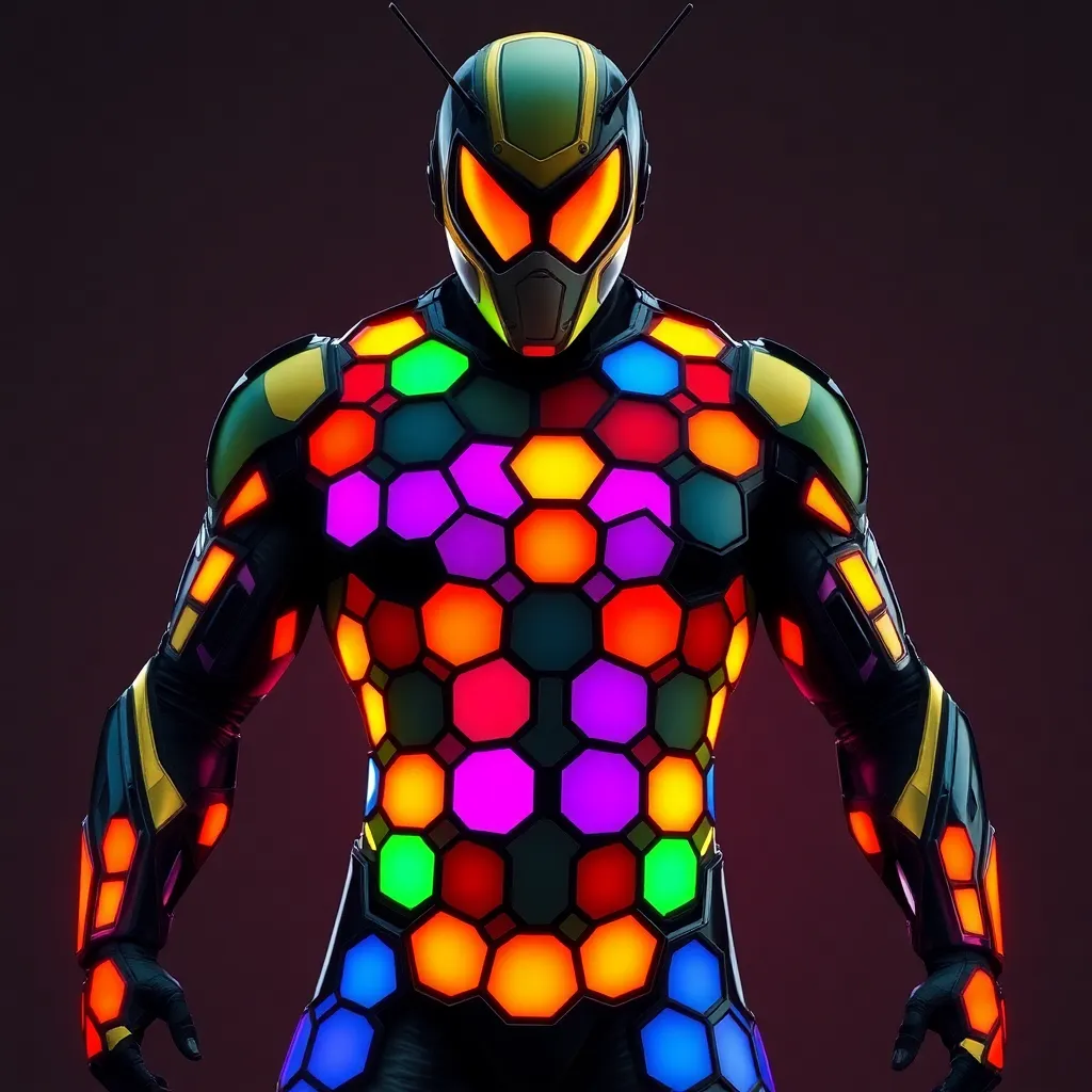 A superhero with a colorful, geometric pattern on their suit, standing in a powerful pose.