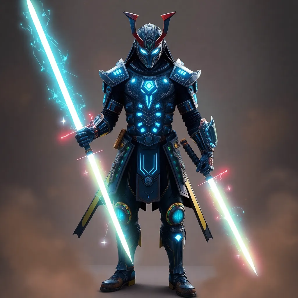 A futuristic warrior with glowing blue eyes wielding two energy swords.