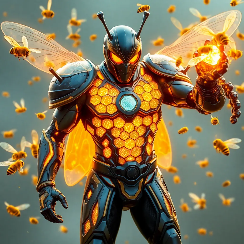 A superhero with a bee-like appearance, with a black and yellow suit and wings.