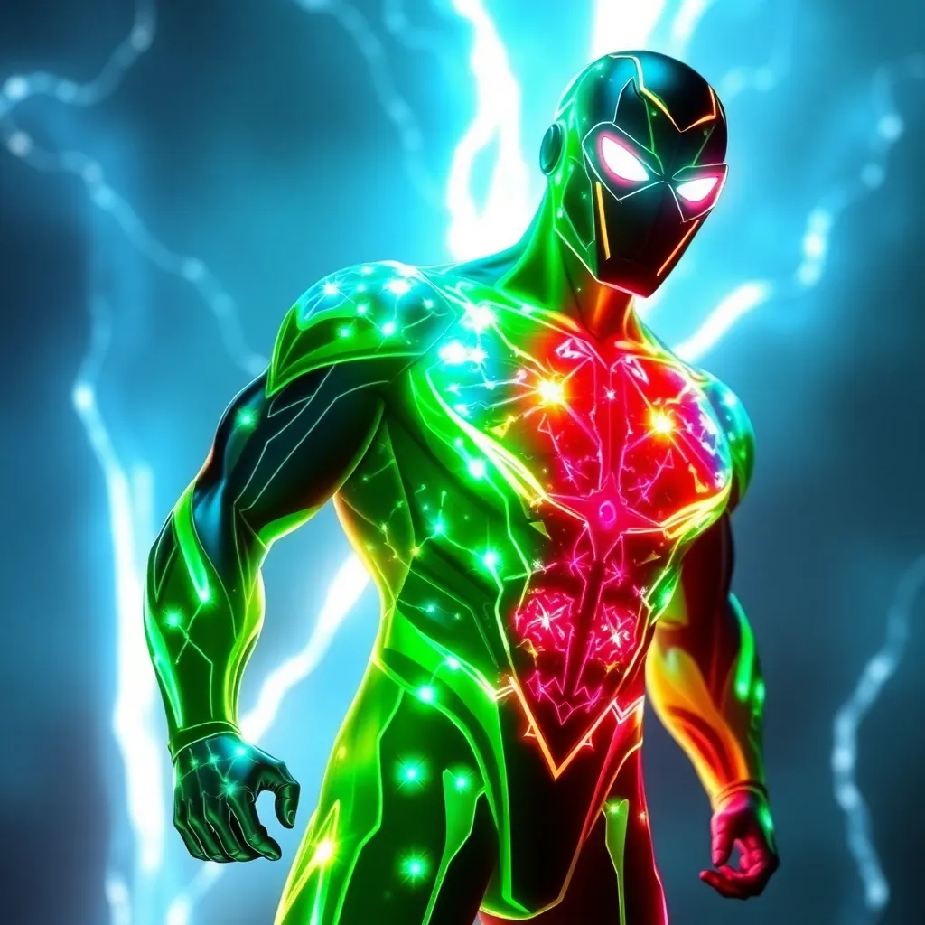 A superhero with a glowing green and red suit, standing in a burst of electricity.