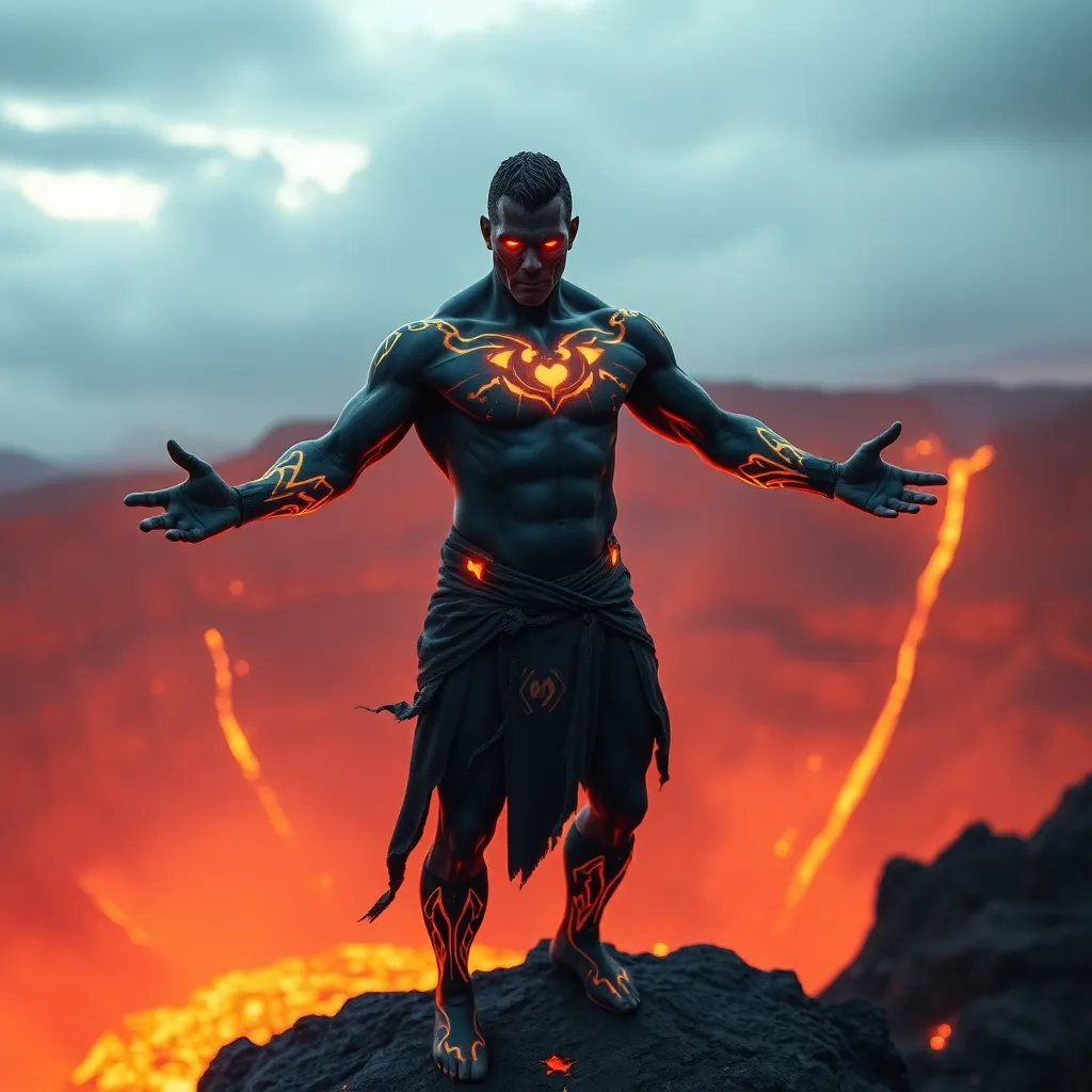 A dark figure with glowing red eyes, standing on a lava field.