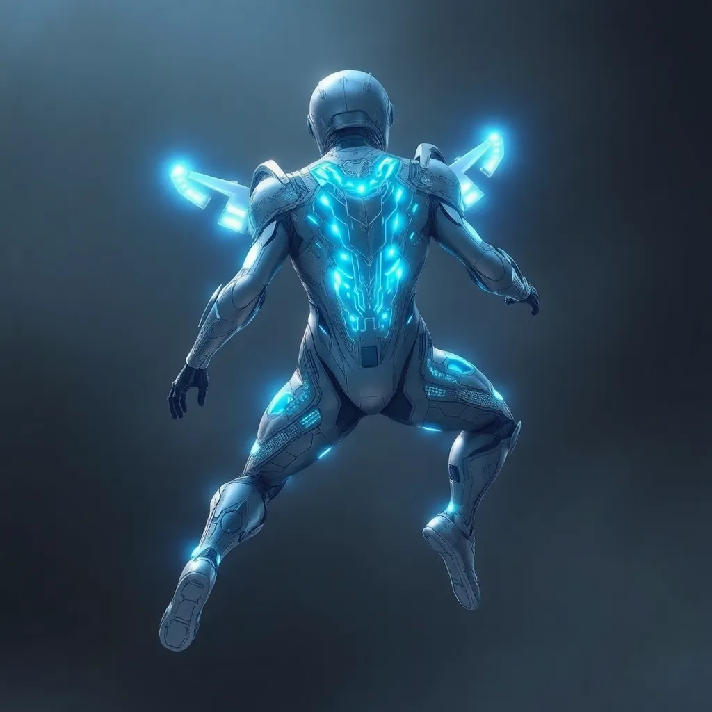 A sleek, blue cyborg with glowing energy effects, standing in a dynamic pose.