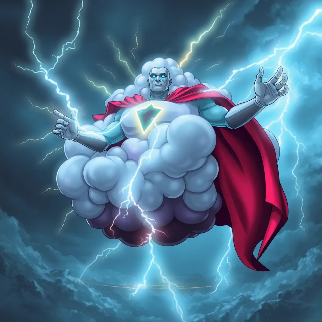 A powerful, bearded man with a red cape, sitting on a cloud and wielding lightning.