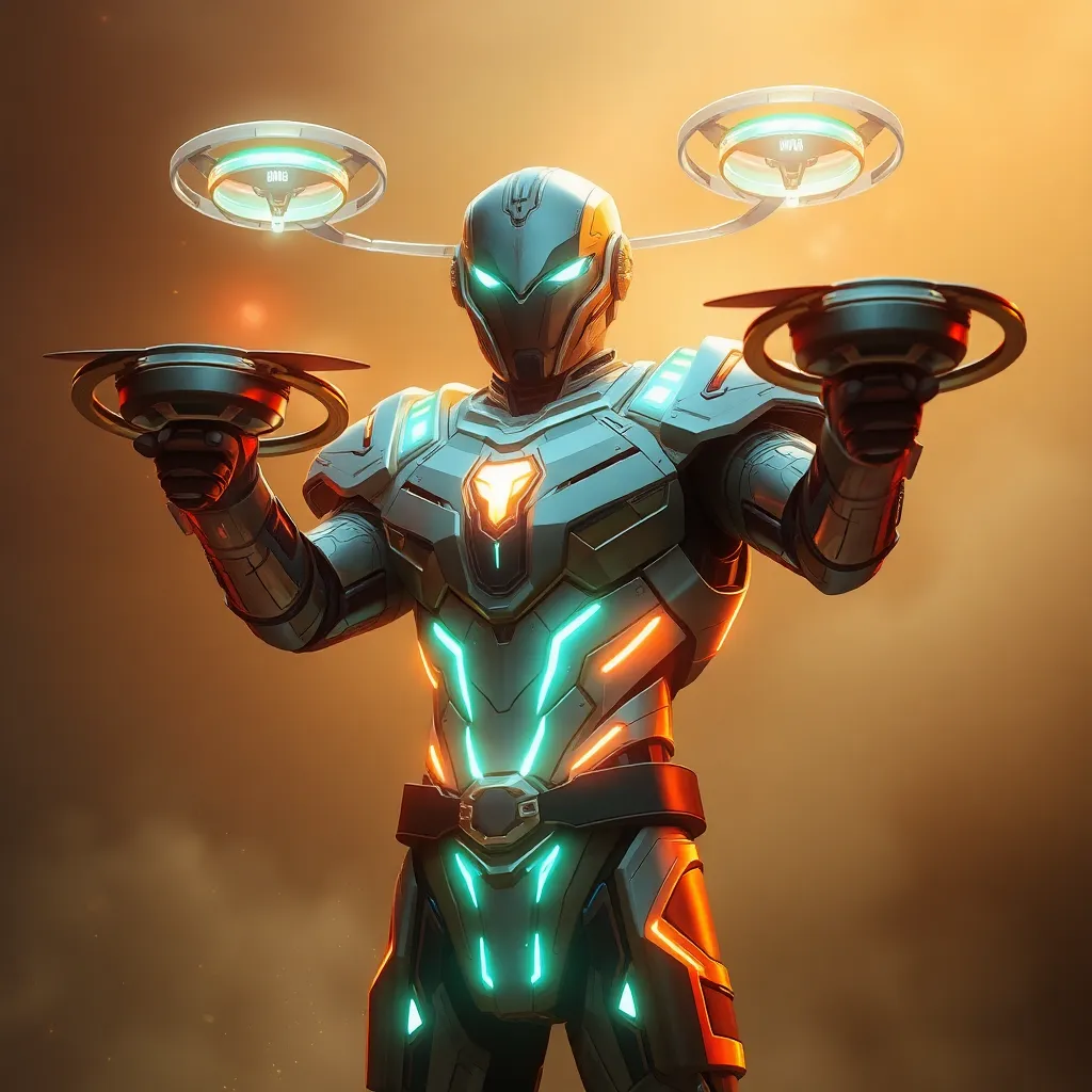 A superhero with a glowing gold and blue energy suit, holding energy weapons in each hand.