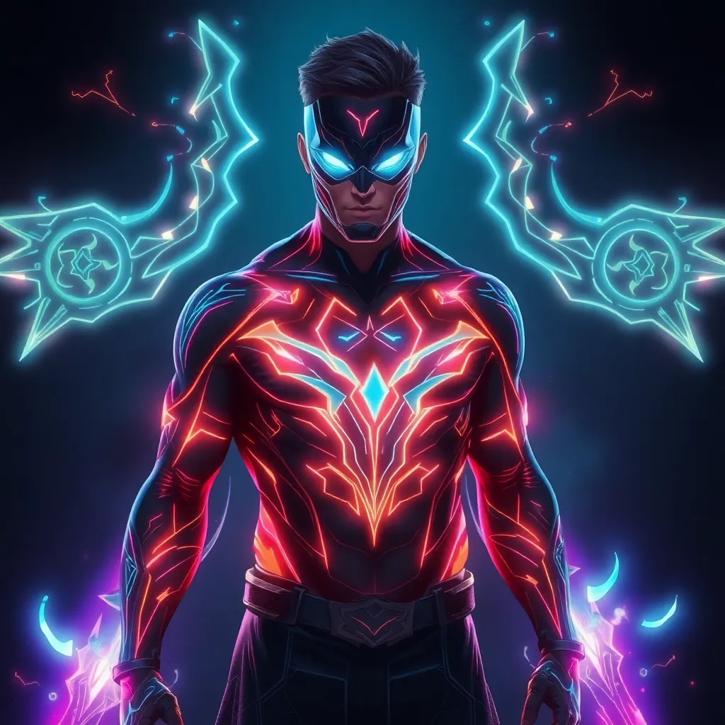 A superhero with a glowing red and blue energy suit, standing with their fists clenched.