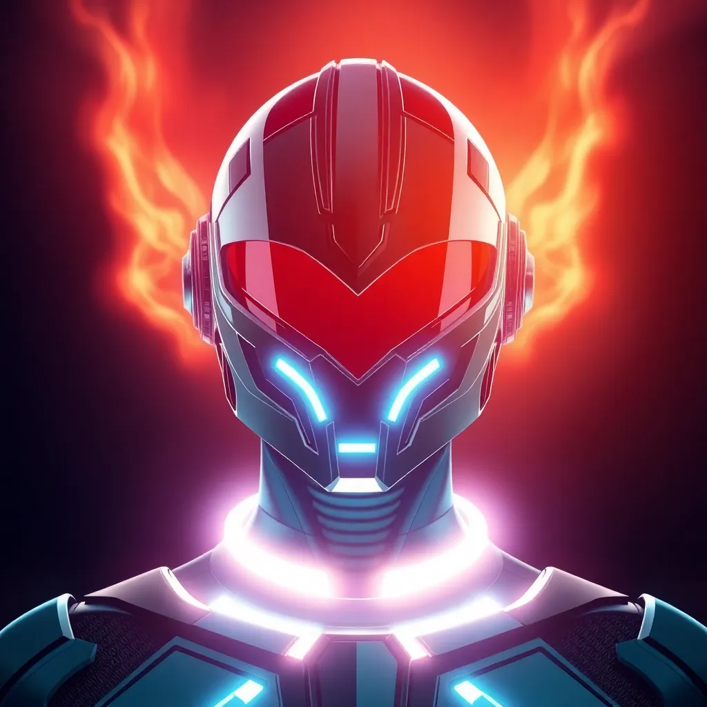 A close-up of a superhero's face with a glowing red and blue energy helmet.