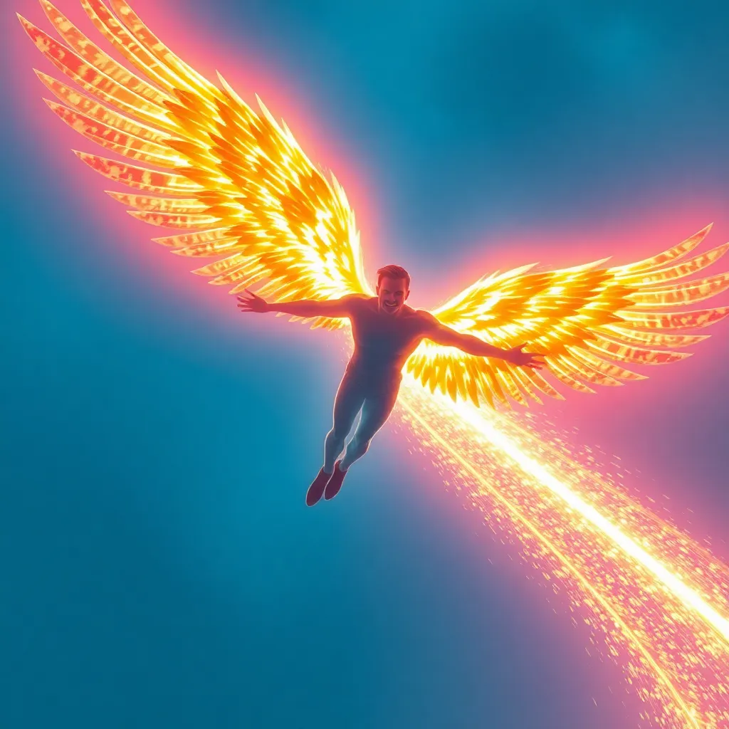 A superhero with glowing golden wings, flying through the air.