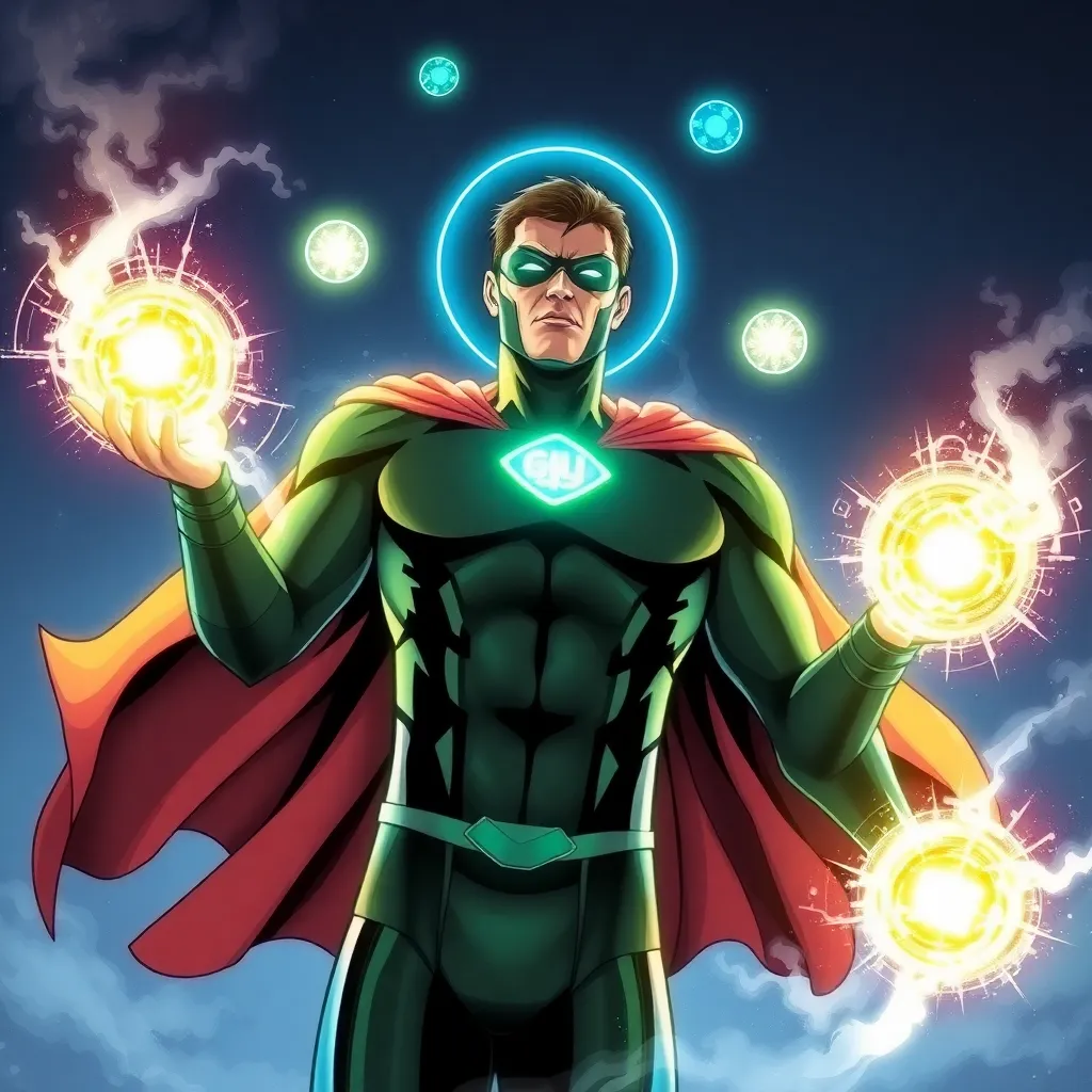 A superhero in a green costume, holding glowing orbs of energy in their hands, with a determined expression on their face.