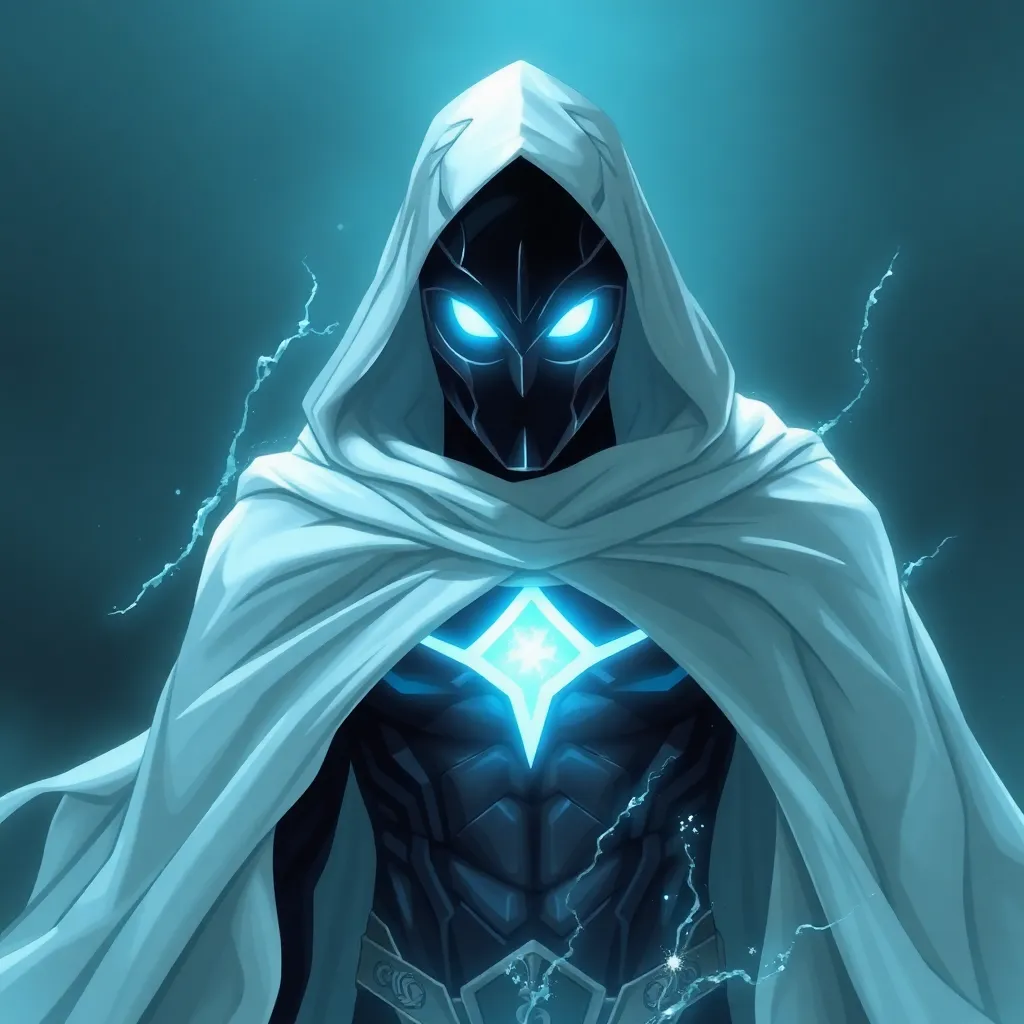 A hooded figure with glowing, white eyes, standing tall and mysterious against a dark background.