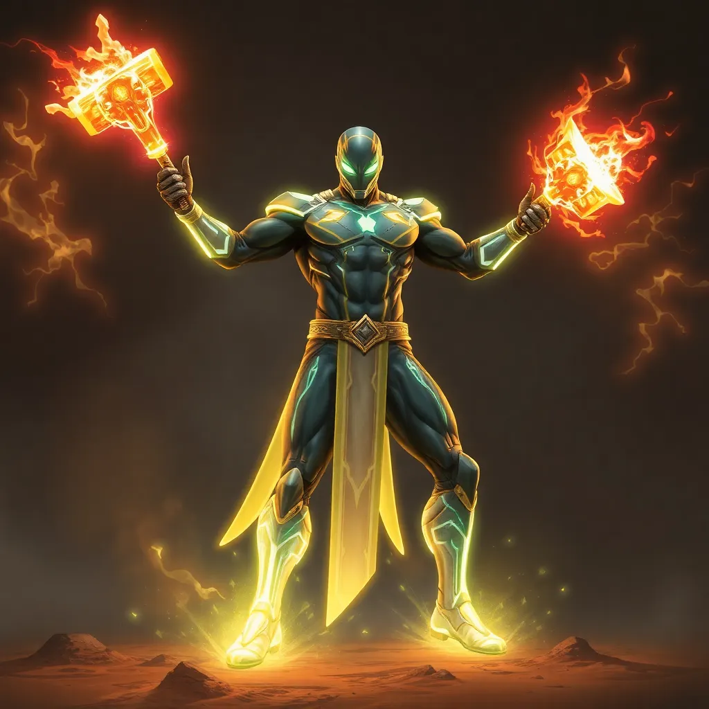 A powerful hero with fiery energy crackling around them, standing tall and ready for action.