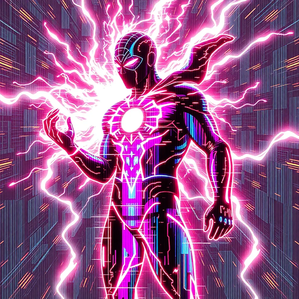 A hero with a sleek, metallic suit, surrounded by crackling electricity, their eyes glowing with power.