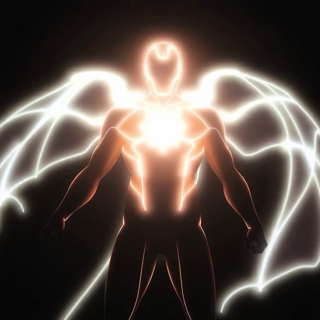 A person with glowing wings and a bright light emanating from their chest.