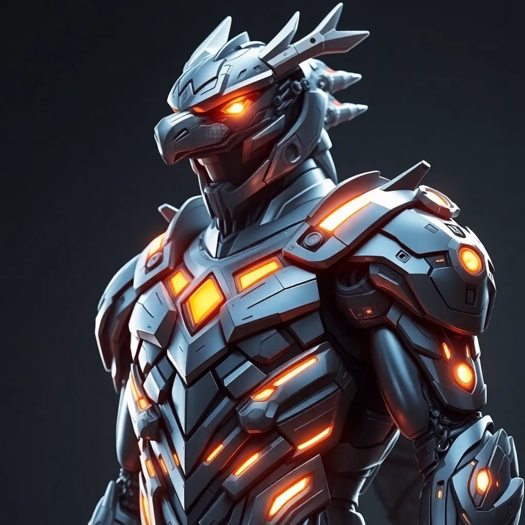 A person with a dragon-like head, wearing a metallic suit with glowing red eyes.