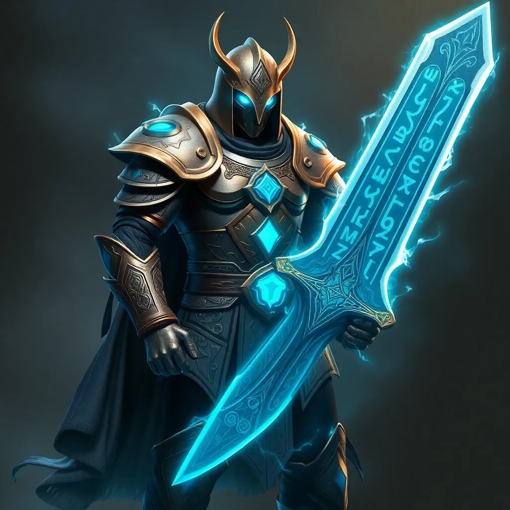 A powerful-looking knight in gleaming armor stands tall, holding a glowing blue sword aloft.