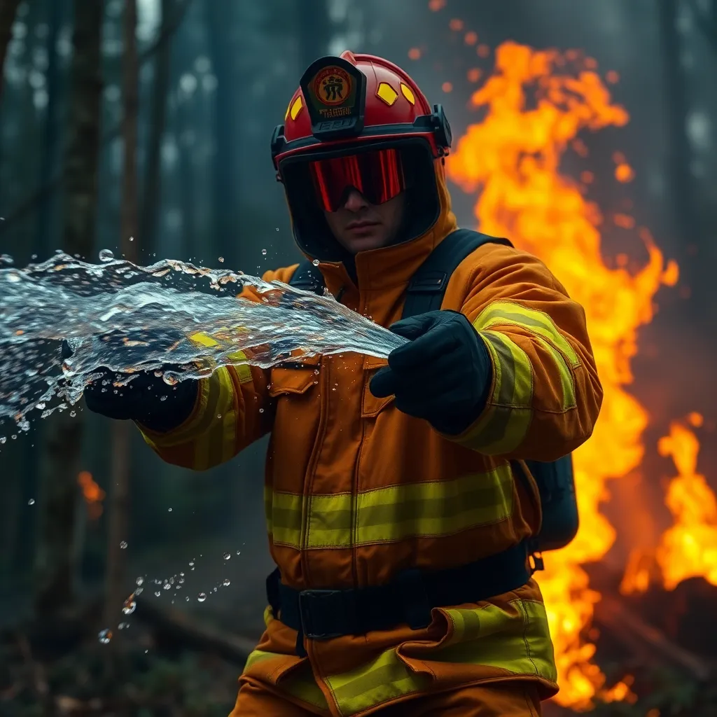 A firefighter in full gear, spraying water on a fire.