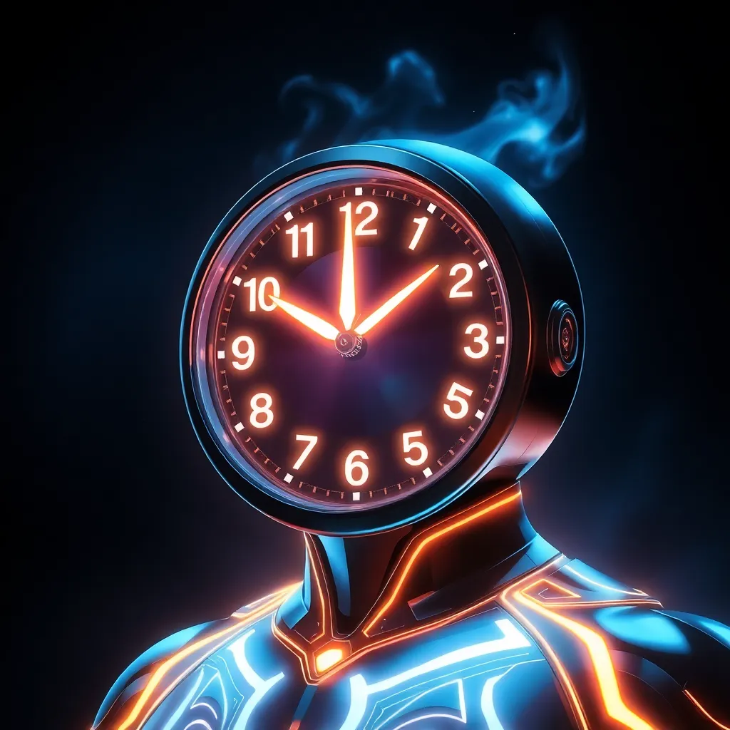 A futuristic figure with a clock face for a head, glowing with neon lights.