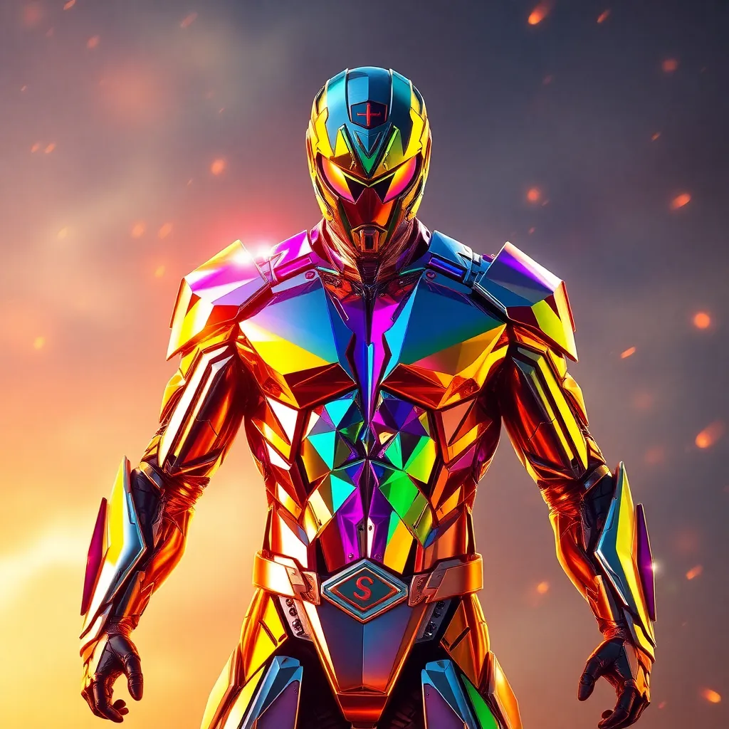 A futuristic superhero with a metallic, iridescent body stands confidently, glowing with vibrant colors.