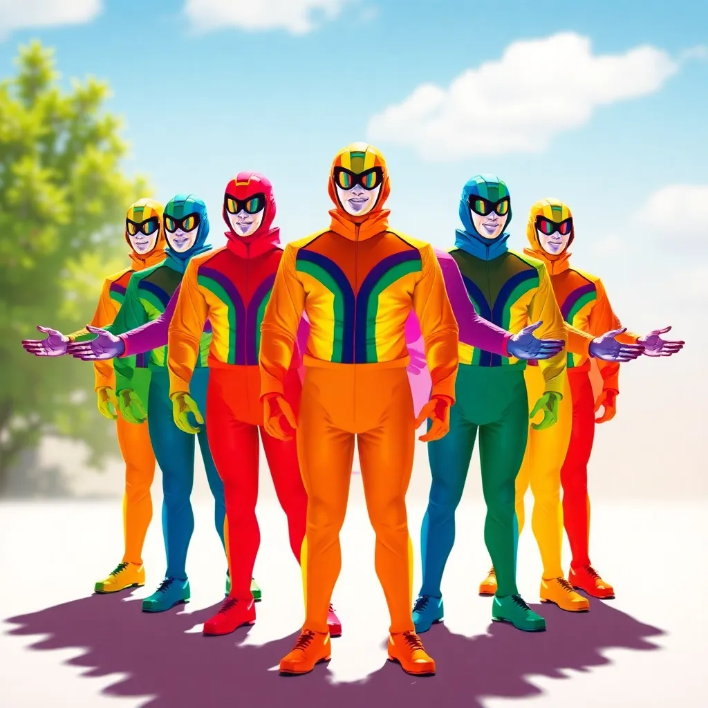 A group of six people in colorful, superhero suits standing together.