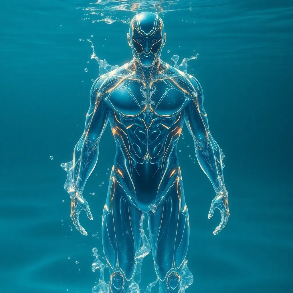 A person with a glowing blue body, standing in a water-like background.