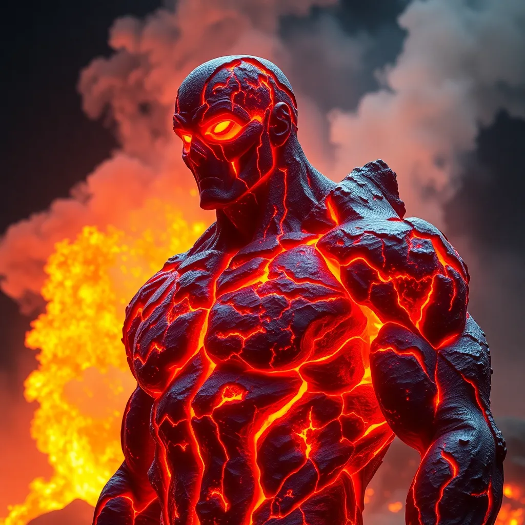 A person with a fiery, lava-like body, standing in a dark, smoky background.