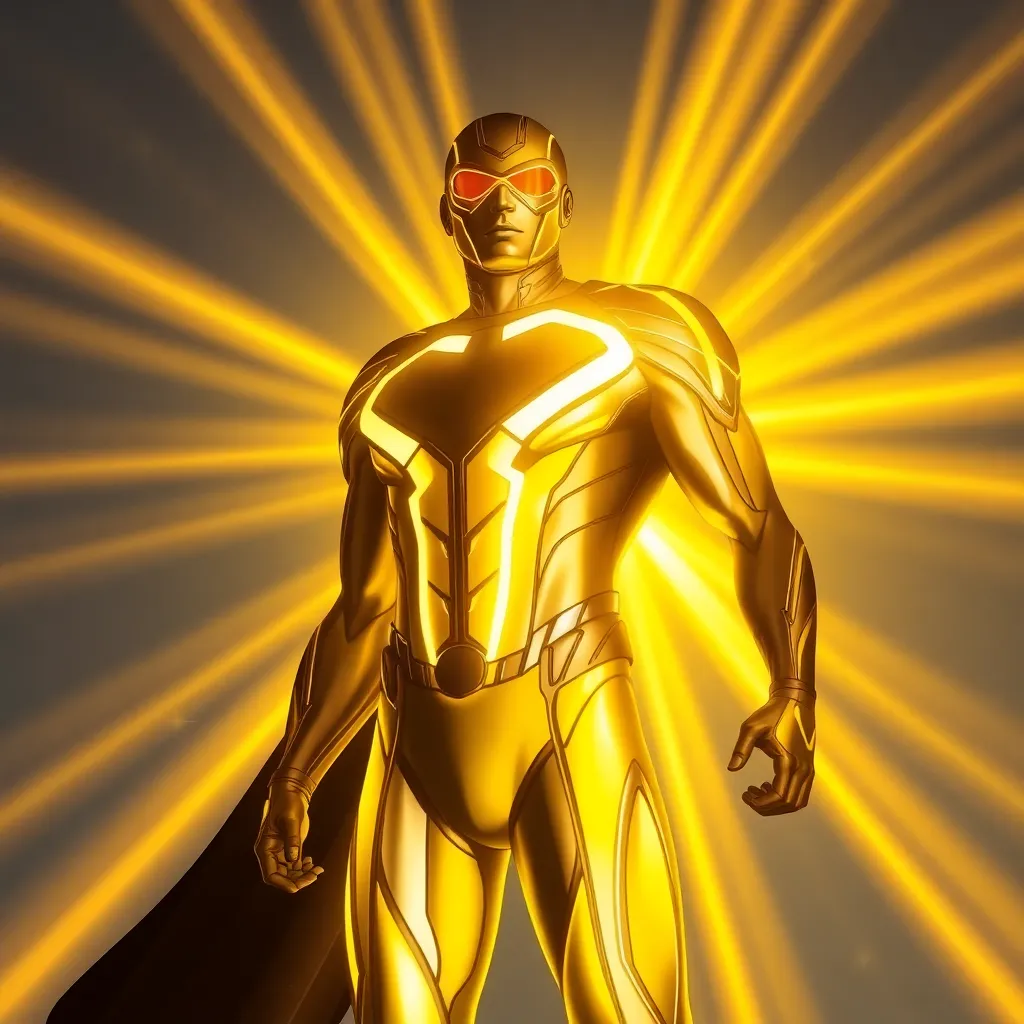 A person with a glowing golden body, standing in a bright, radiant background.