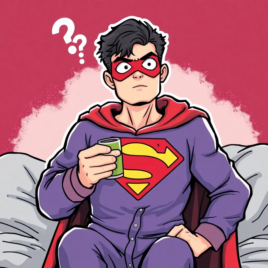 Superman is sitting on a couch with a cup of coffee and a confused expression.