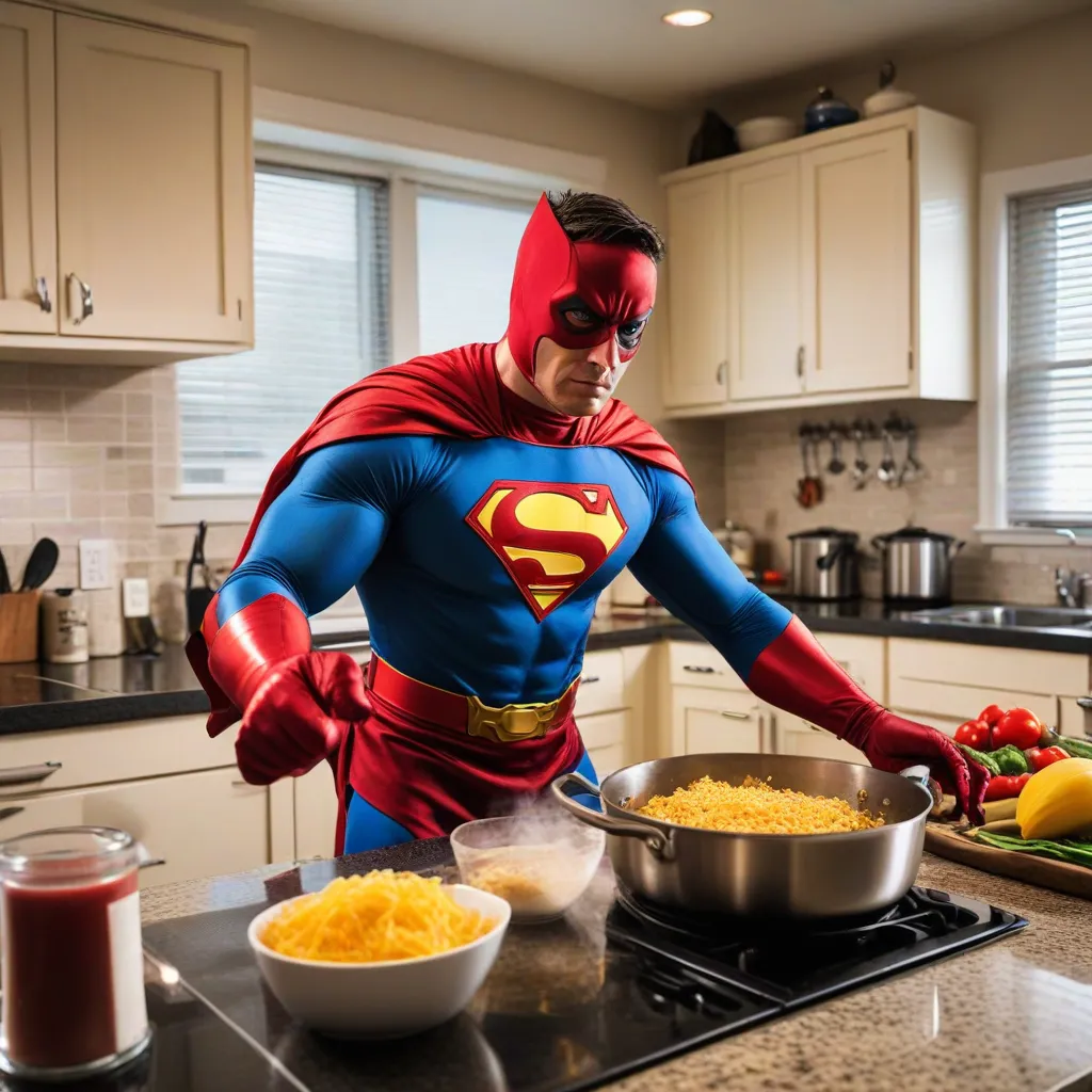 Superman is cooking in a kitchen.